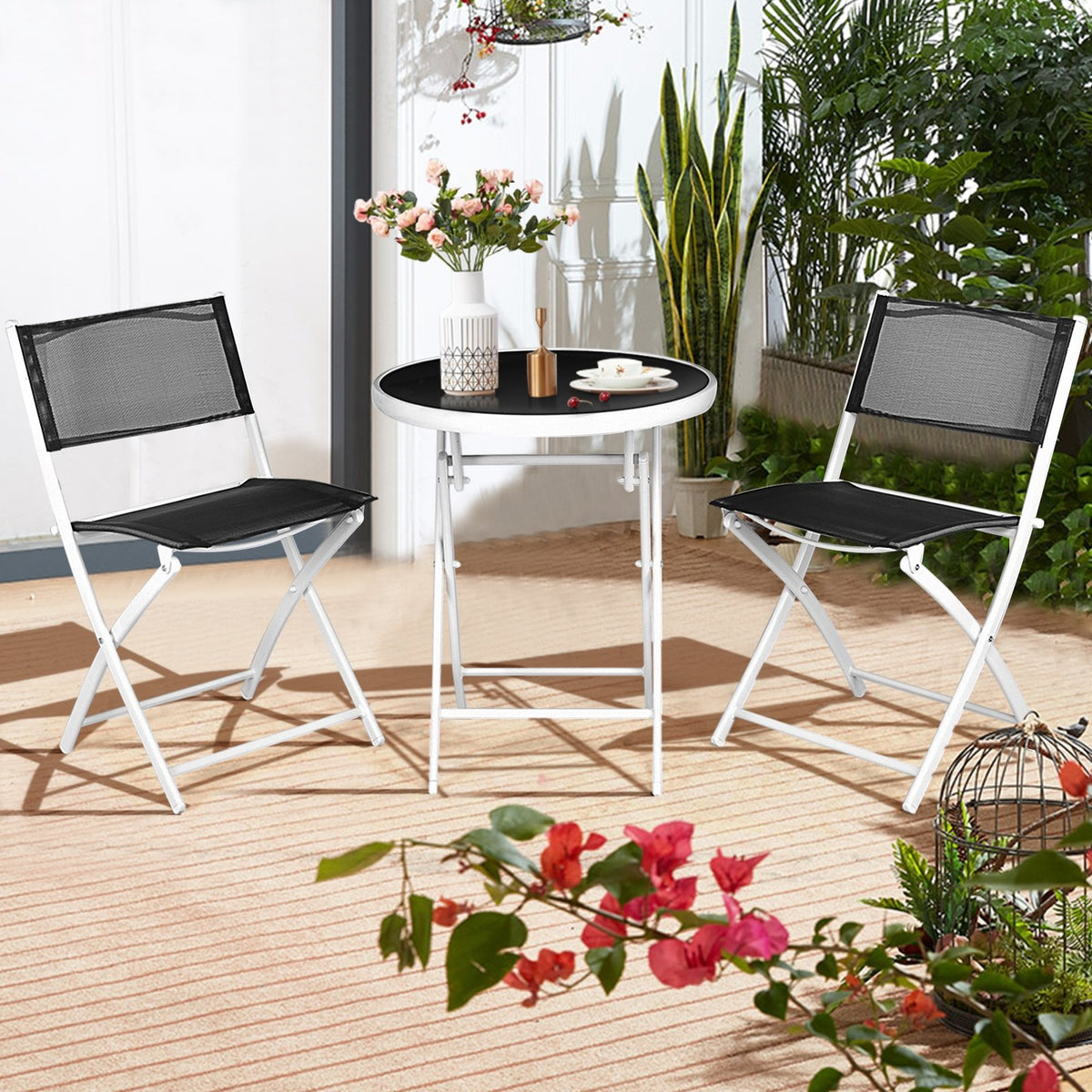 3 PCS Folding Bistro Table Chairs Set Garden Backyard Patio Furniture Black New-Black view 6
