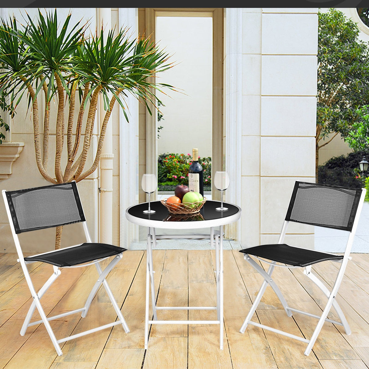 3 PCS Folding Bistro Table Chairs Set Garden Backyard Patio Furniture Black New-Black view 7