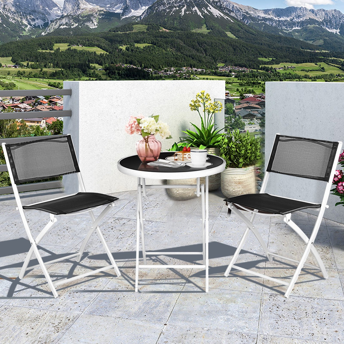 3 PCS Folding Bistro Table Chairs Set Garden Backyard Patio Furniture Black New-Black view 8