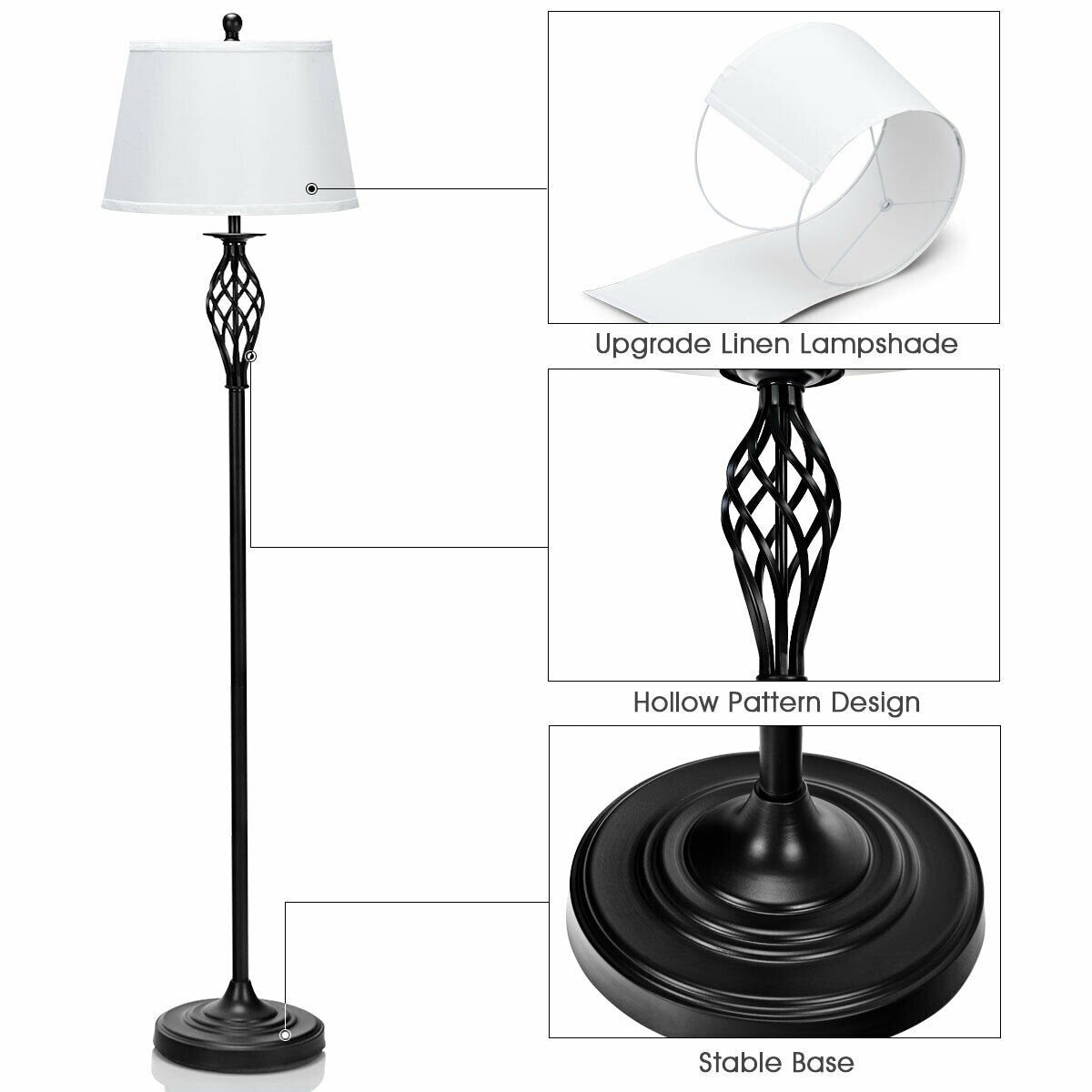 3 Pieces Lamp Set 2 Table Lamps 1 Floor Lamp with Fabric Shades view 4