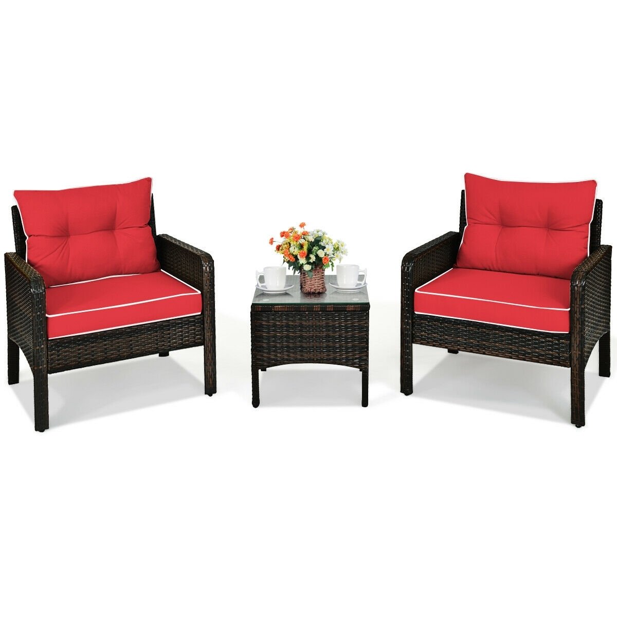 3 Pcs Outdoor Patio Rattan Conversation Set with Seat Cushions-Red