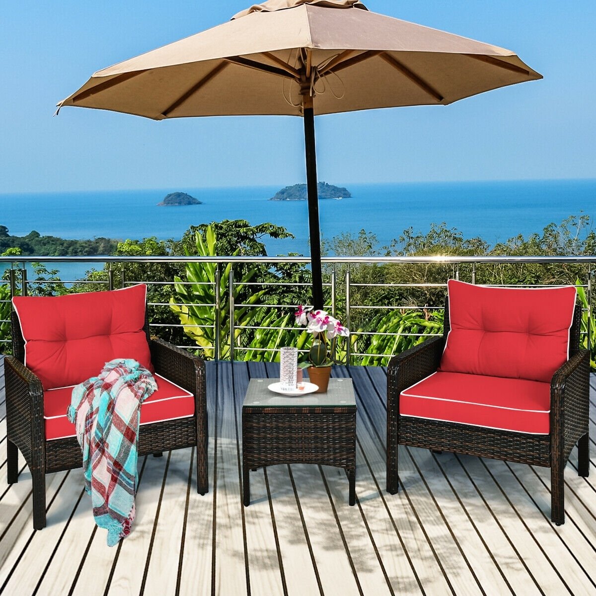 3 Pcs Outdoor Patio Rattan Conversation Set with Seat Cushions-Red view 2