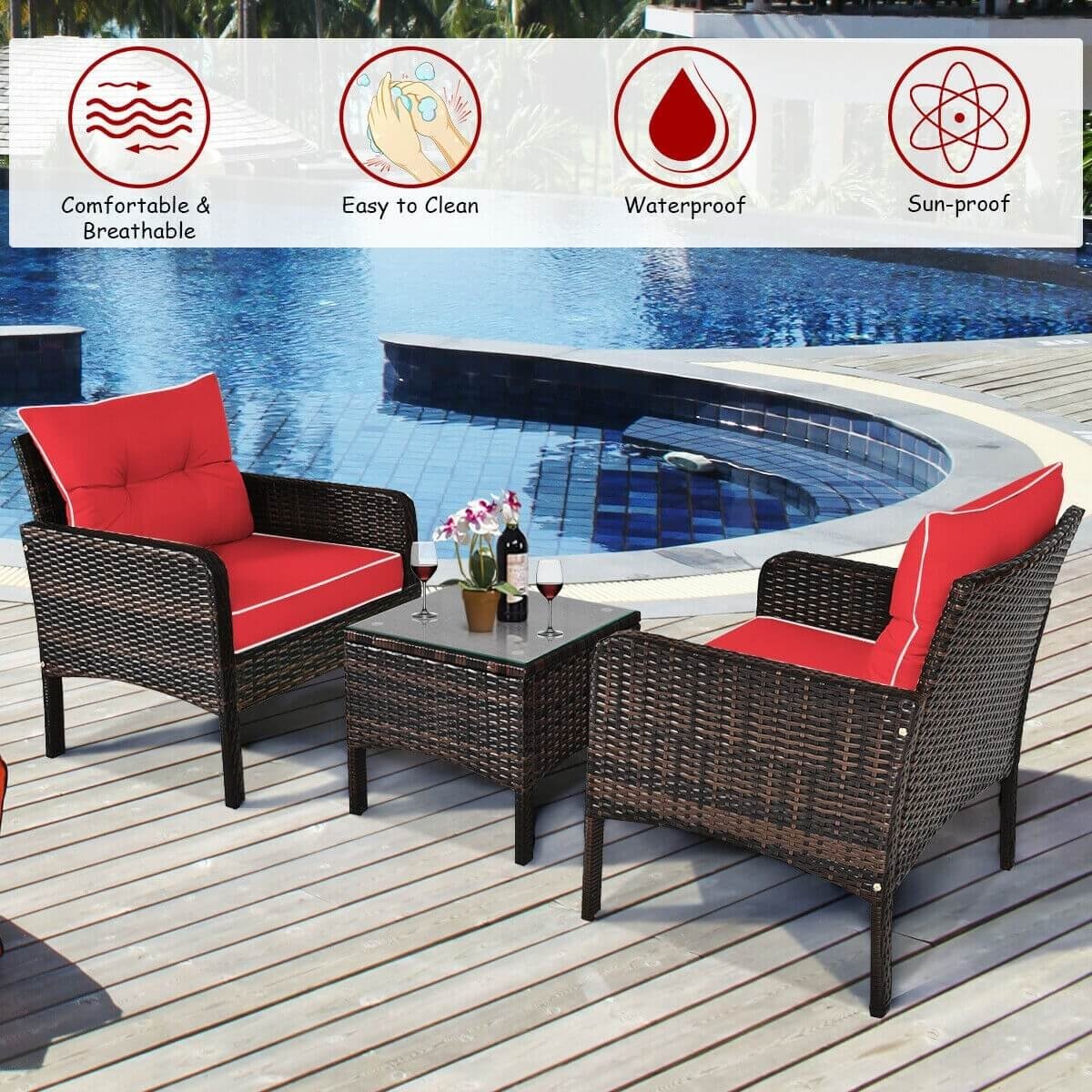 3 Pcs Outdoor Patio Rattan Conversation Set with Seat Cushions-Red view 3