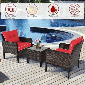 3 Pcs Outdoor Patio Rattan Conversation Set with Seat Cushions-Red view 3