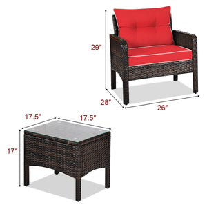 3 Pcs Outdoor Patio Rattan Conversation Set with Seat Cushions-Red view 4