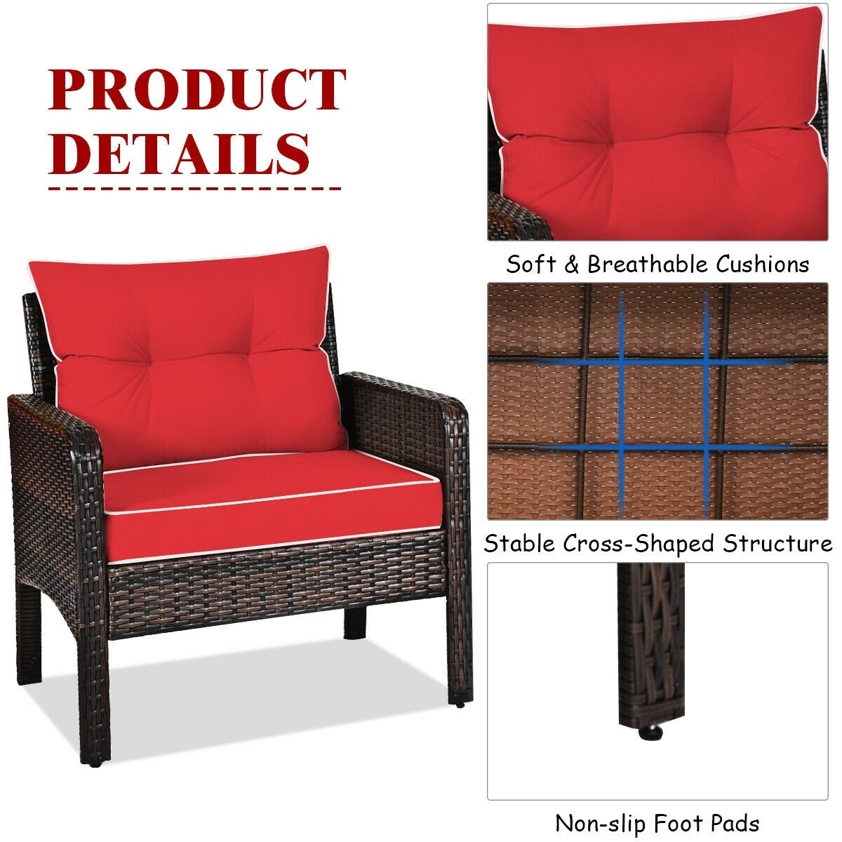 3 Pcs Outdoor Patio Rattan Conversation Set with Seat Cushions-Red view 5