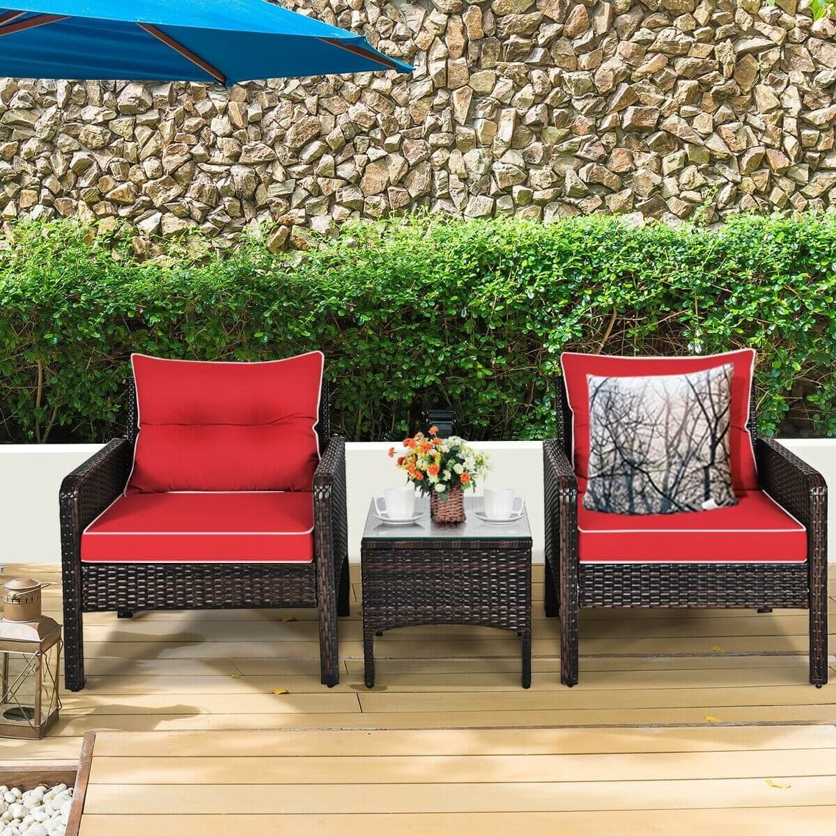 3 Pcs Outdoor Patio Rattan Conversation Set with Seat Cushions-Red view 6
