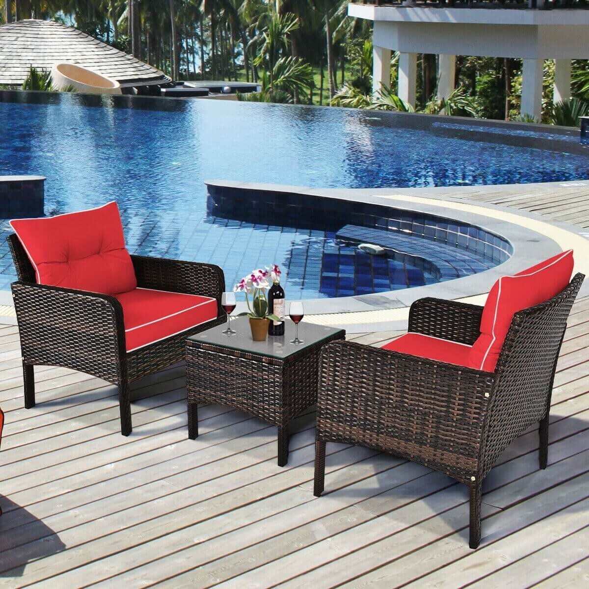 3 Pcs Outdoor Patio Rattan Conversation Set with Seat Cushions-Red view 7