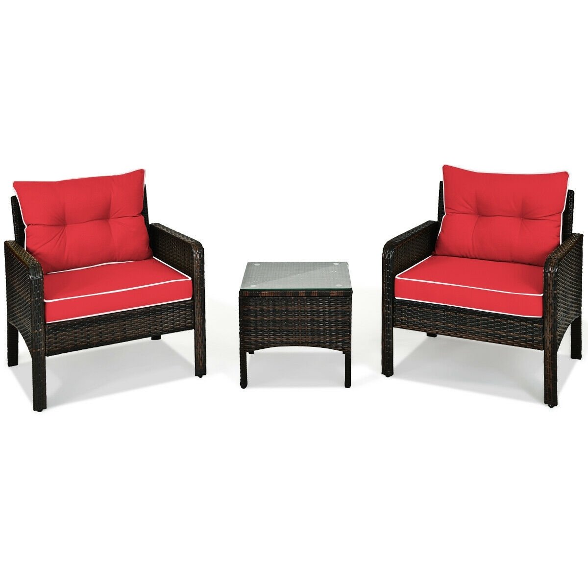 3 Pcs Outdoor Patio Rattan Conversation Set with Seat Cushions-Red view 8
