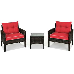 3 Pcs Outdoor Patio Rattan Conversation Set with Seat Cushions-Red view 8