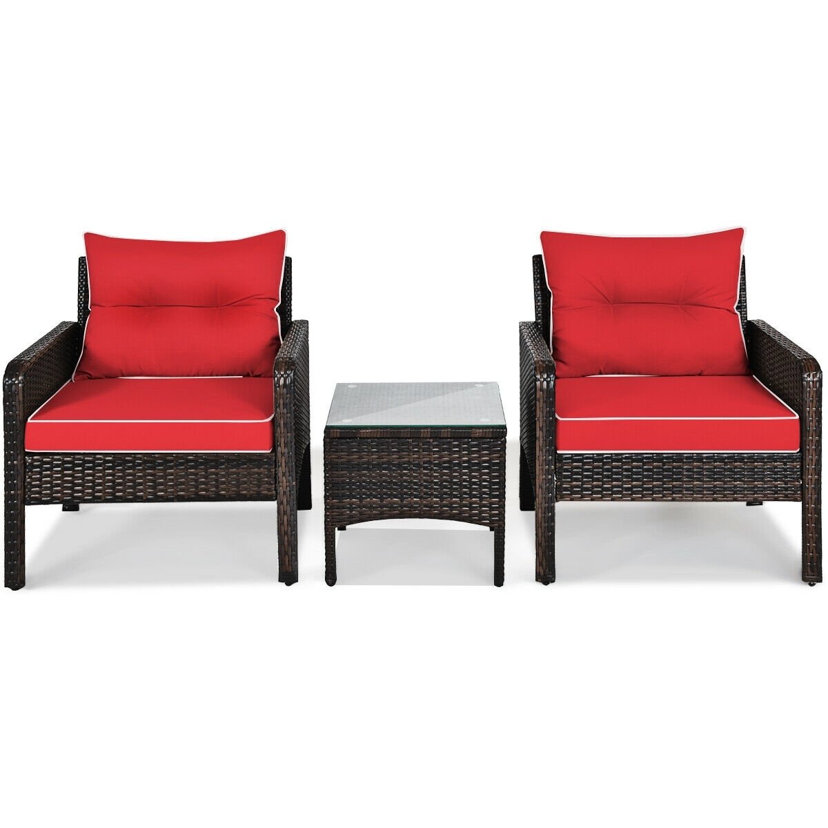 3 Pcs Outdoor Patio Rattan Conversation Set with Seat Cushions-Red view 9