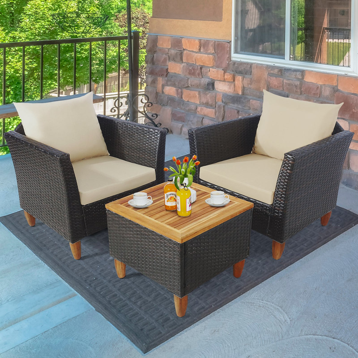 3 Pieces Patio Rattan Furniture Set with Washable Cushion for Yard Porch-Beige view 3
