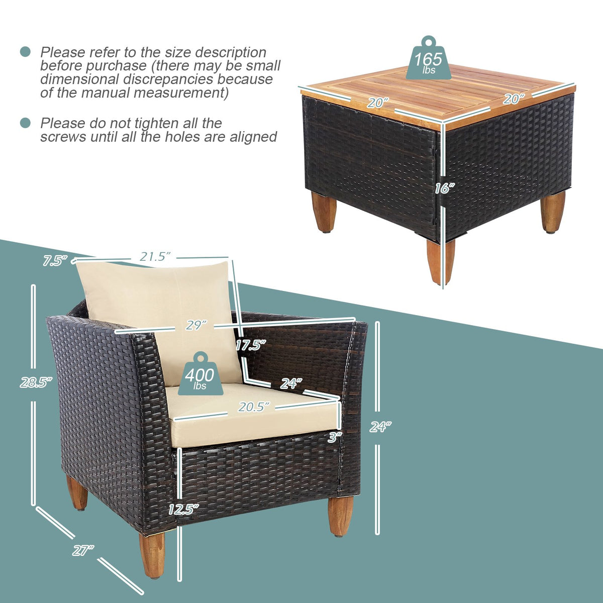 3 Pieces Patio Rattan Furniture Set with Washable Cushion for Yard Porch-Beige view 5