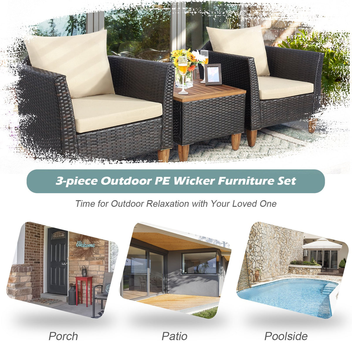 3 Pieces Patio Rattan Furniture Set with Washable Cushion for Yard Porch-Beige view 7