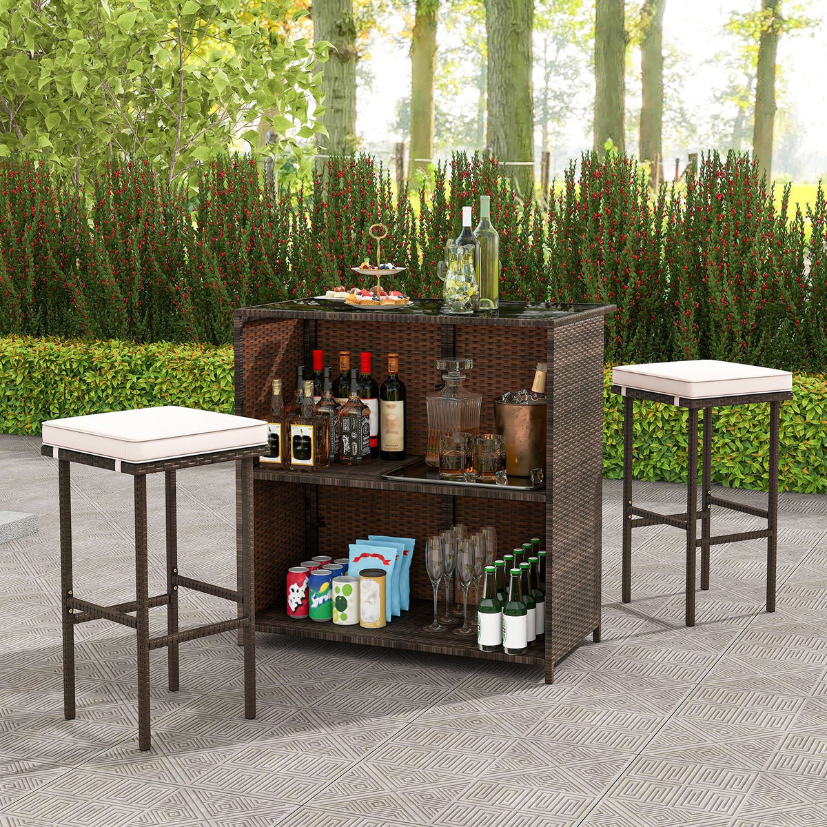 3 Pcs Patio Bar Set with Tempered Glass Tabletop-Brown view 2