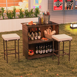 3 Pcs Patio Bar Set with Tempered Glass Tabletop-Brown view 3
