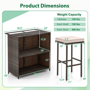 3 Pcs Patio Bar Set with Tempered Glass Tabletop-Brown view 5