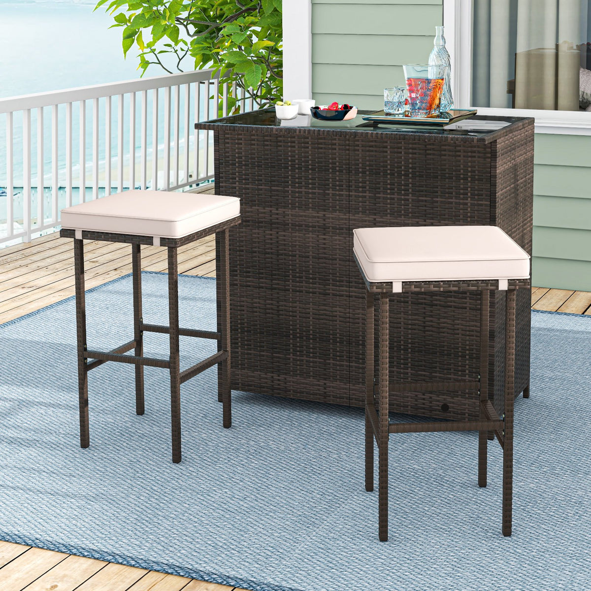 3 Pcs Patio Bar Set with Tempered Glass Tabletop-Brown view 6
