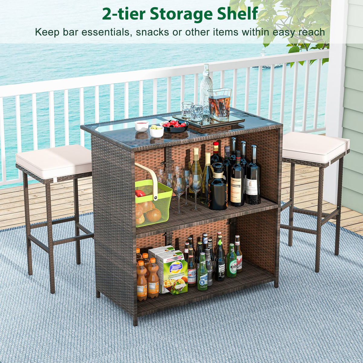 3 Pcs Patio Bar Set with Tempered Glass Tabletop-Brown view 7