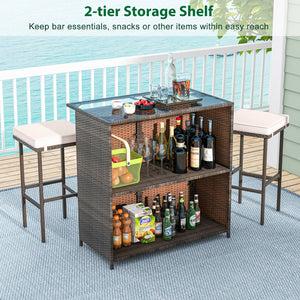 3 Pcs Patio Bar Set with Tempered Glass Tabletop-Brown view 7