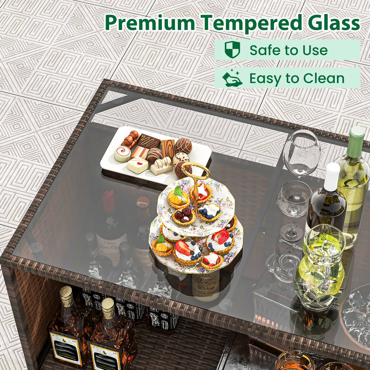 3 Pcs Patio Bar Set with Tempered Glass Tabletop-Brown view 8