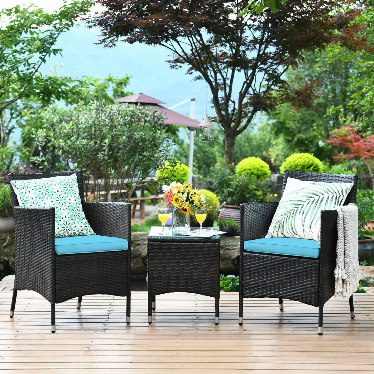 3 Pcs Patio Furniture Set Outdoor Wicker Rattan Set-Blue view 2