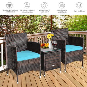 3 Pcs Patio Furniture Set Outdoor Wicker Rattan Set-Blue view 3