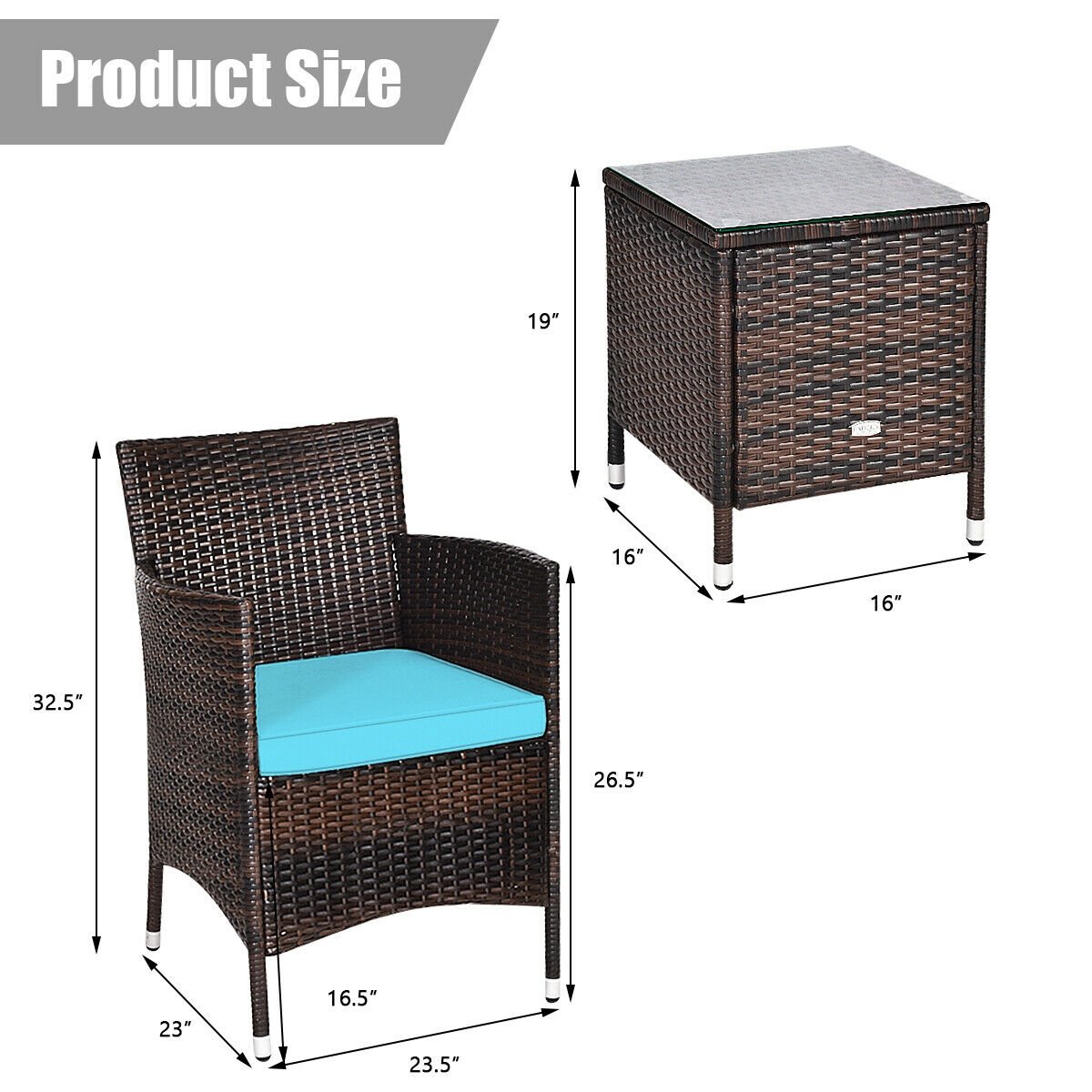 3 Pcs Patio Furniture Set Outdoor Wicker Rattan Set-Blue view 4
