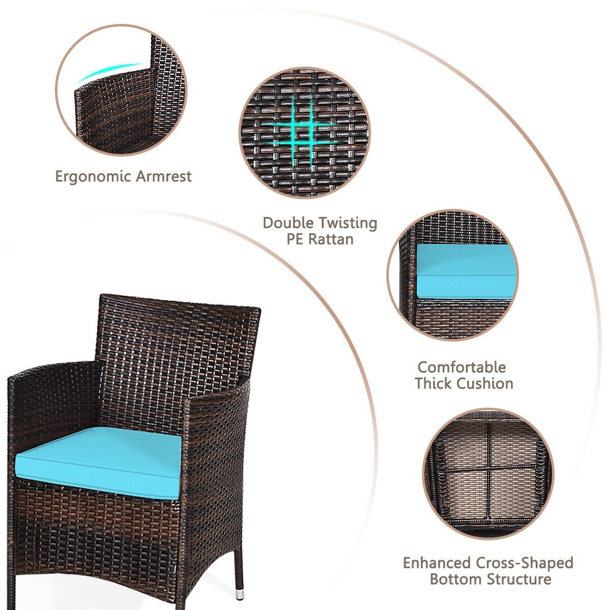 3 Pcs Patio Furniture Set Outdoor Wicker Rattan Set-Blue view 5