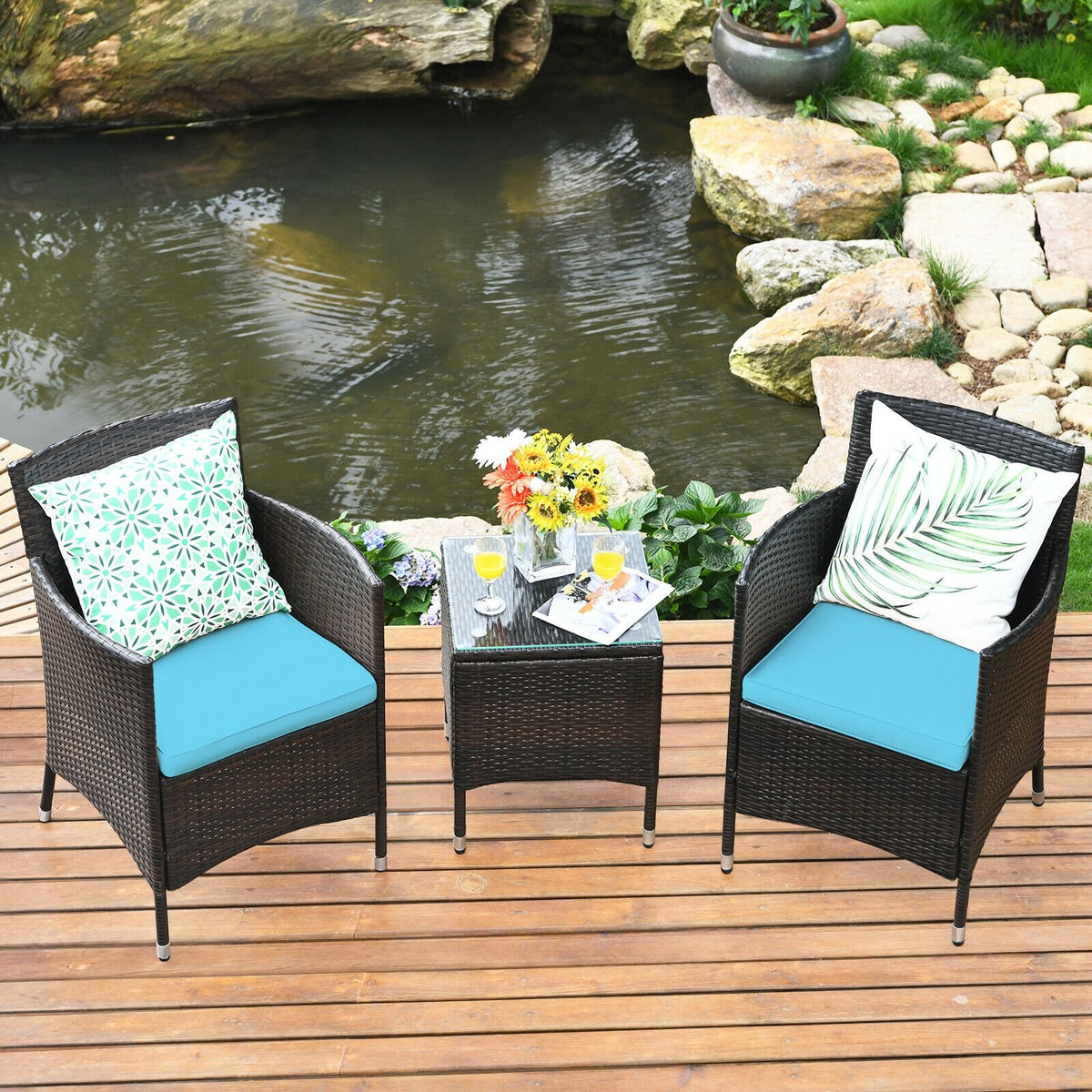 3 Pcs Patio Furniture Set Outdoor Wicker Rattan Set-Blue view 7