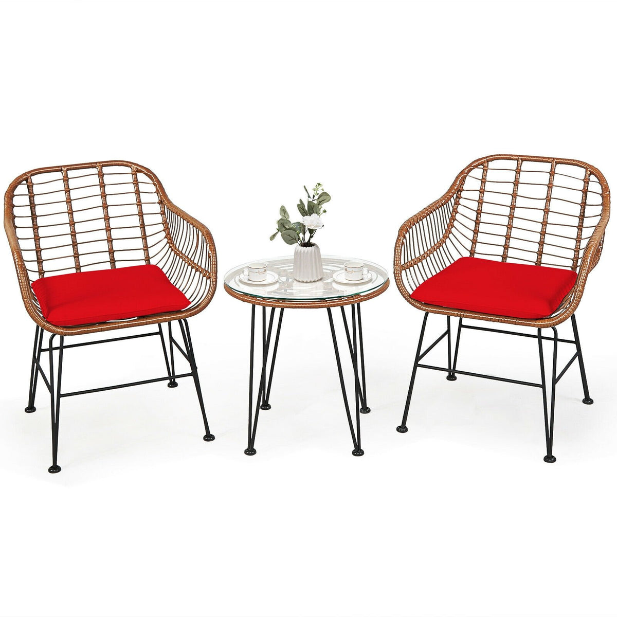 3 Pieces Patio Rattan Bistro Set with Cushion-Red