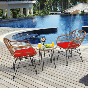 3 Pieces Patio Rattan Bistro Set with Cushion-Red view 2