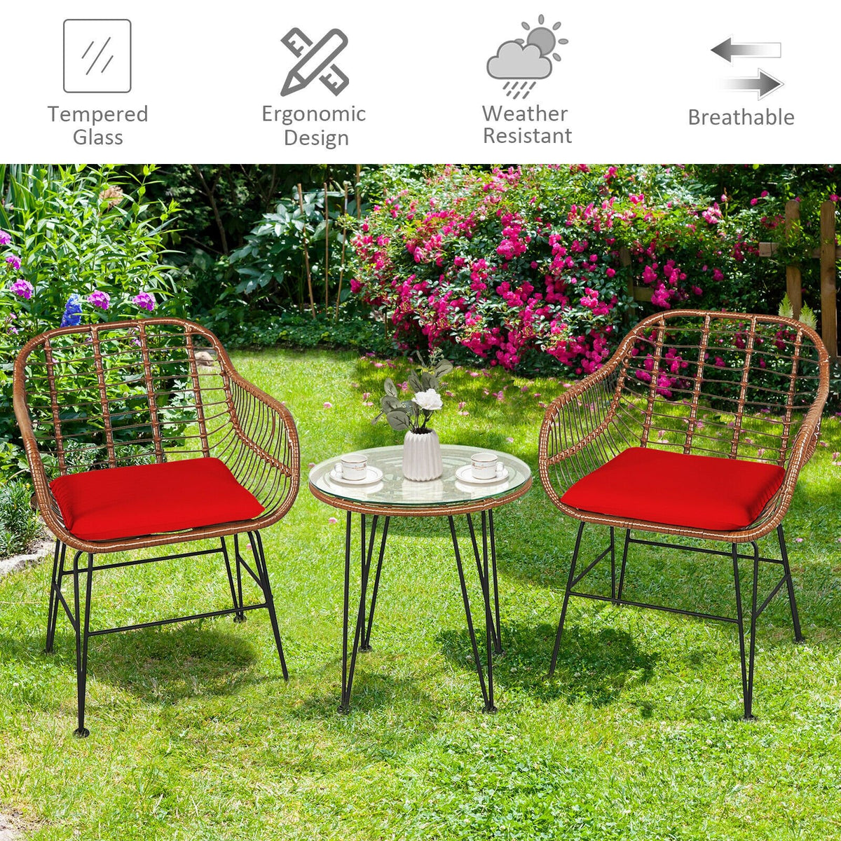 3 Pieces Patio Rattan Bistro Set with Cushion-Red view 3