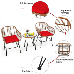 3 Pieces Patio Rattan Bistro Set with Cushion-Red view 5