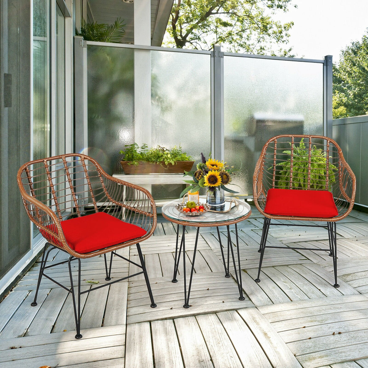 3 Pieces Patio Rattan Bistro Set with Cushion-Red view 7