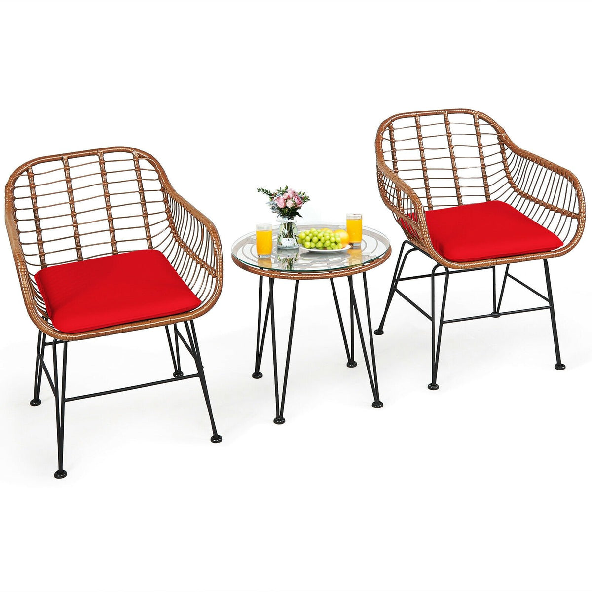 3 Pieces Patio Rattan Bistro Set with Cushion-Red view 8