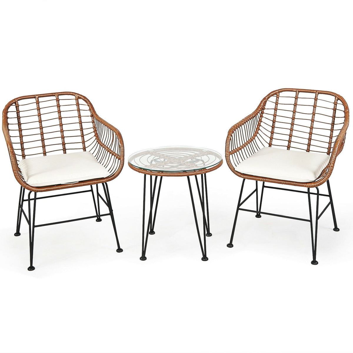 3 Pieces Patio Rattan Bistro Set with Cushion-White