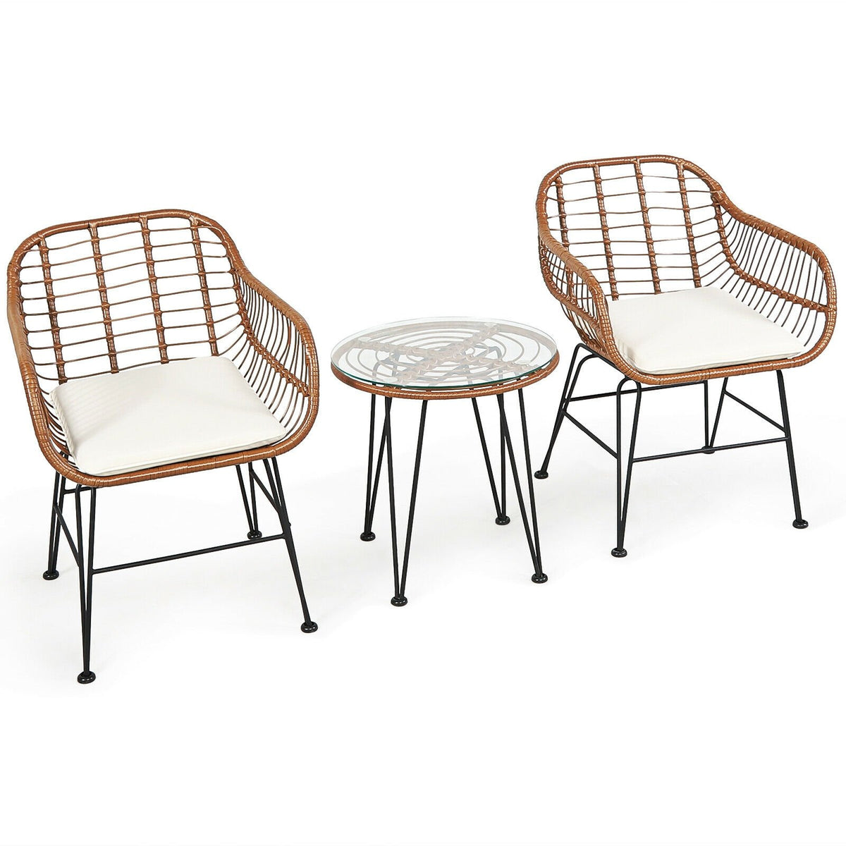 3 Pieces Patio Rattan Bistro Set with Cushion-White view 4