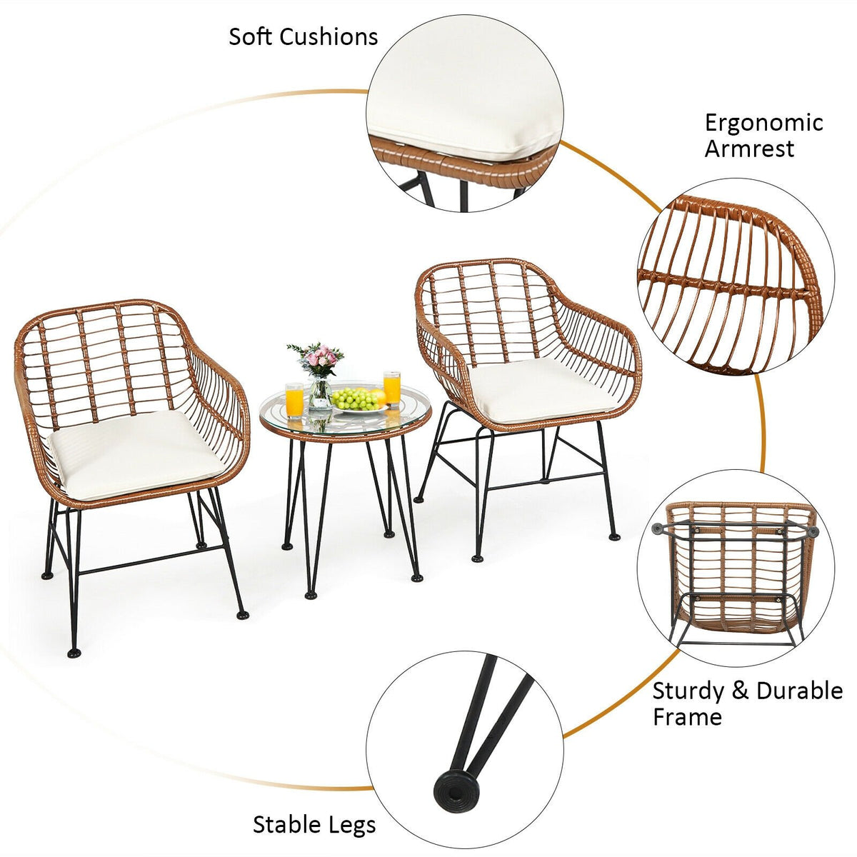 3 Pieces Patio Rattan Bistro Set with Cushion-White view 7