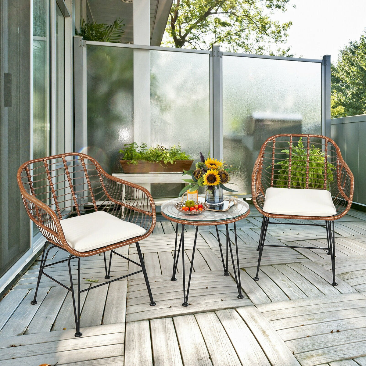 3 Pieces Patio Rattan Bistro Set with Cushion-White view 8