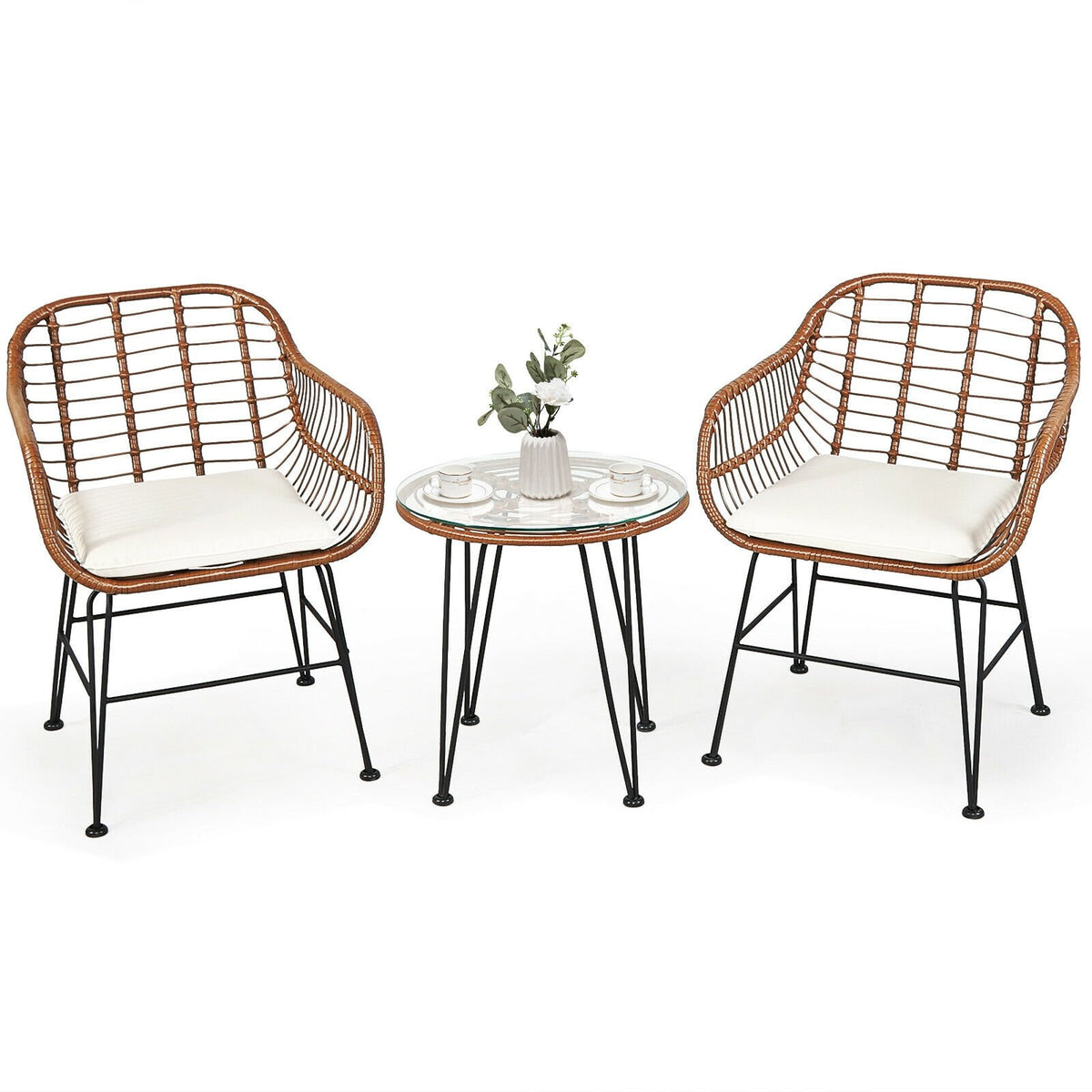 3 Pieces Patio Rattan Bistro Set with Cushion-White view 9