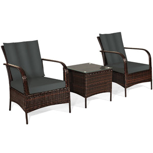 3 Pieces Patio Conversation Rattan Furniture Set with Cushions-Gray view 4
