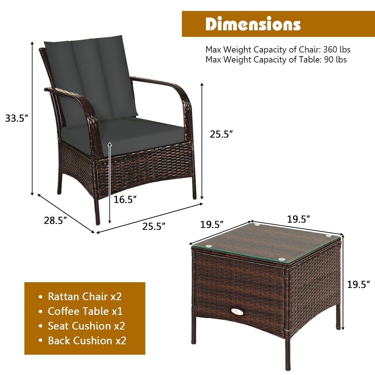 3 Pieces Patio Conversation Rattan Furniture Set with Cushions-Gray view 5