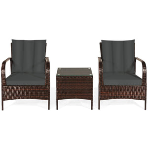 3 Pieces Patio Conversation Rattan Furniture Set with Cushions-Gray view 6