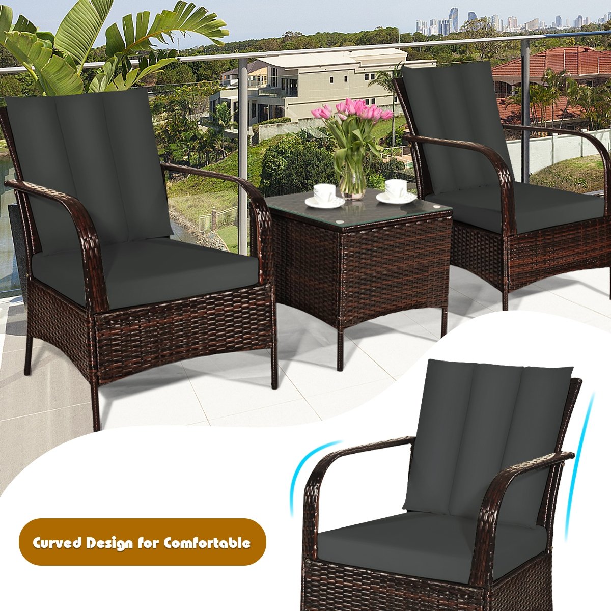3 Pieces Patio Conversation Rattan Furniture Set with Cushions-Gray view 7