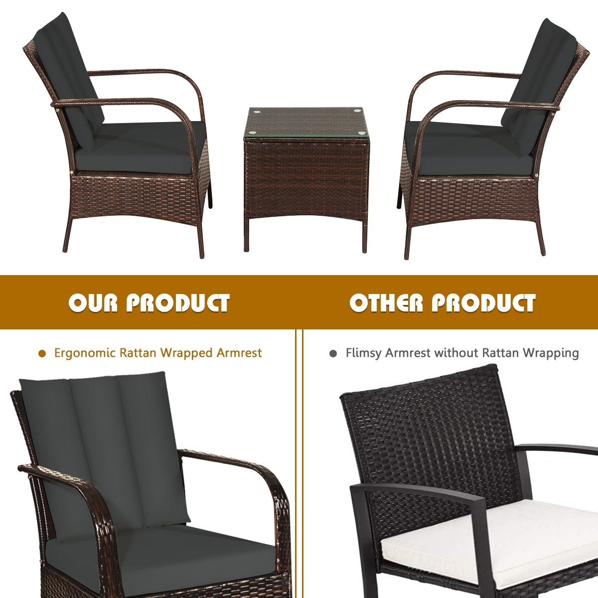 3 Pieces Patio Conversation Rattan Furniture Set with Cushions-Gray view 8