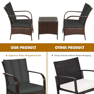 3 Pieces Patio Conversation Rattan Furniture Set with Cushions-Gray view 8