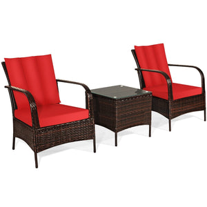 3 Pieces Patio Conversation Rattan Furniture Set with Cushions-Red view 4