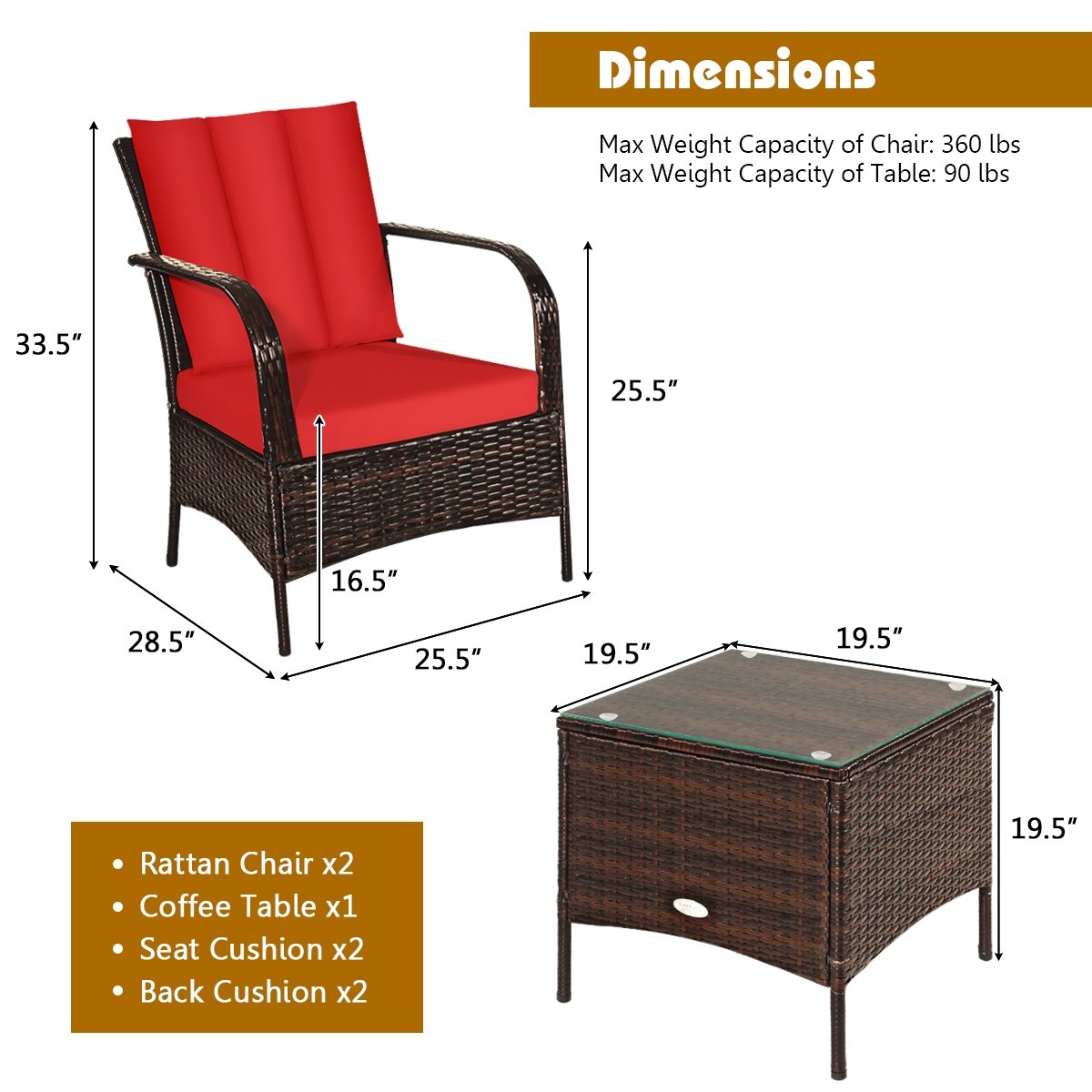 3 Pieces Patio Conversation Rattan Furniture Set with Cushions-Red view 5