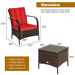 3 Pieces Patio Conversation Rattan Furniture Set with Cushions-Red view 5